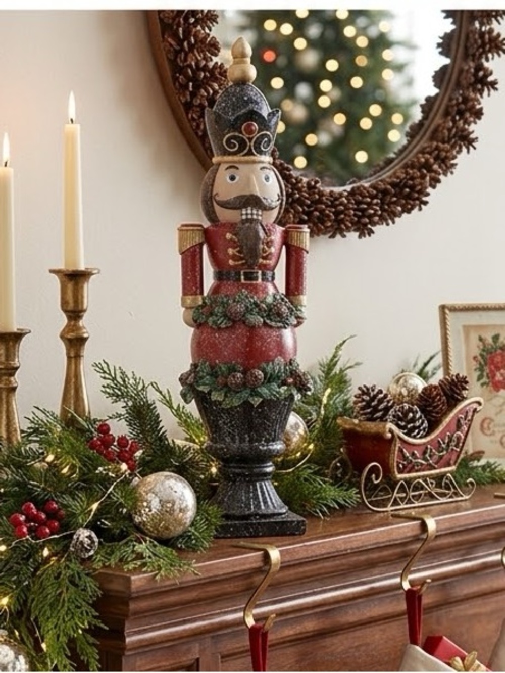 15” RESIN GLITTERED NUTCRACKER ON BLACK PEDESTAL